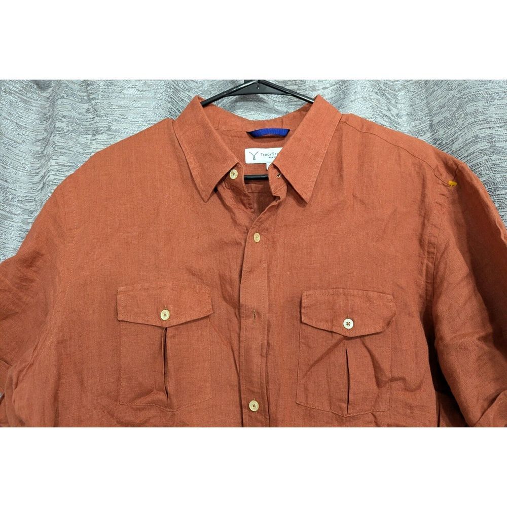 Teddy Stratford Mens 4 (L) Linen Button Down Short Sleeve Burnt Orange/Rust - Picture 2 of 9